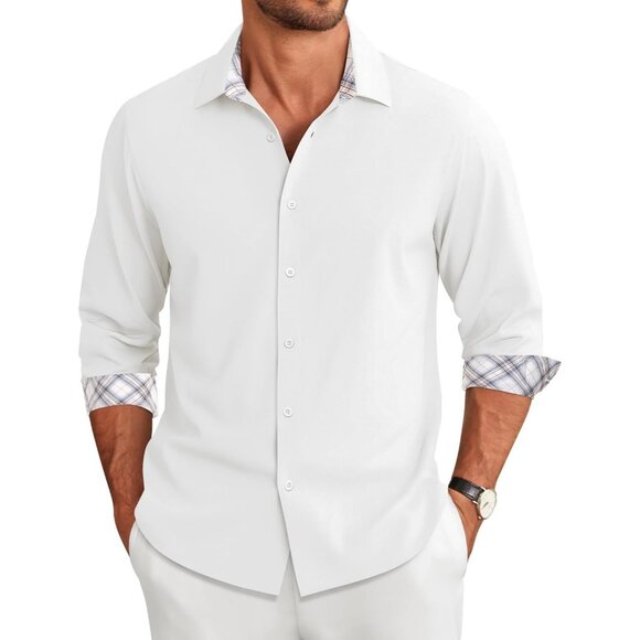 Coofandy Men White Long Sleeve Button Down Untucked Regular Fit Dress Shirt - Picture 1 of 7